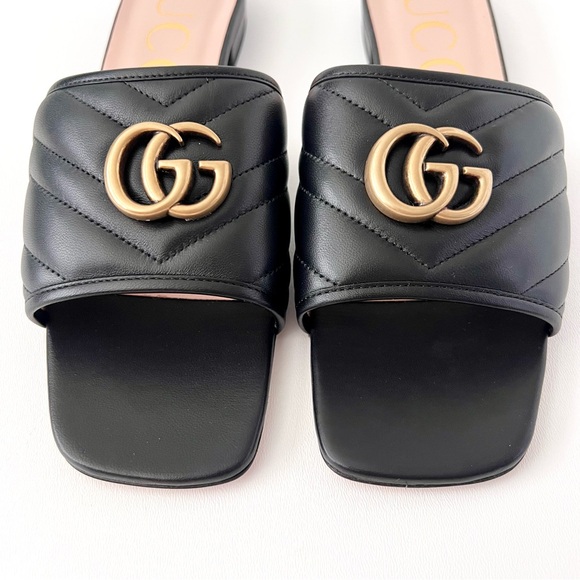 GUCCI | Marmont GG Jolie Matelasse Quilted Black Leather Low Heel Slides Sandals - Picture 4 of 14